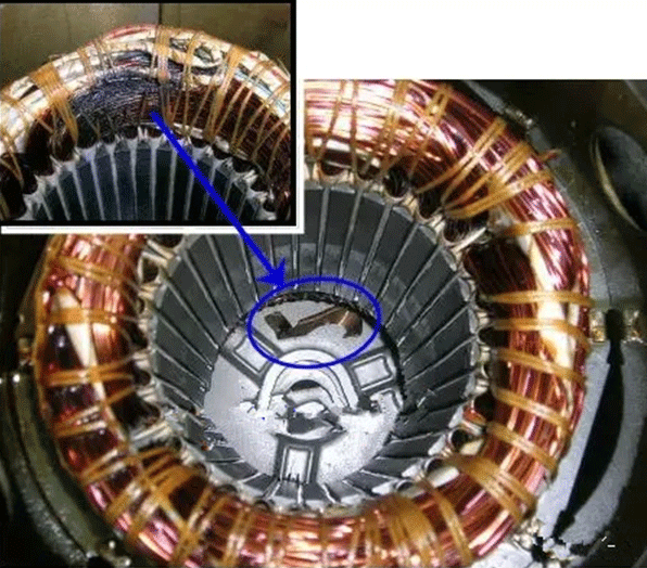 foreign metal shavings cause the motor stator windings to short-circuit and burn out